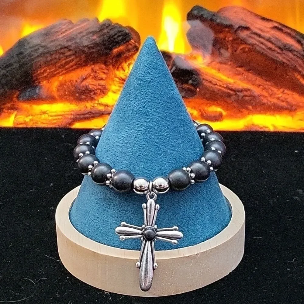 Black Cross ✝️ Stretch Beaded Bracelet  NWTags  Easter 🐇 🎁 Gift  Silverstone